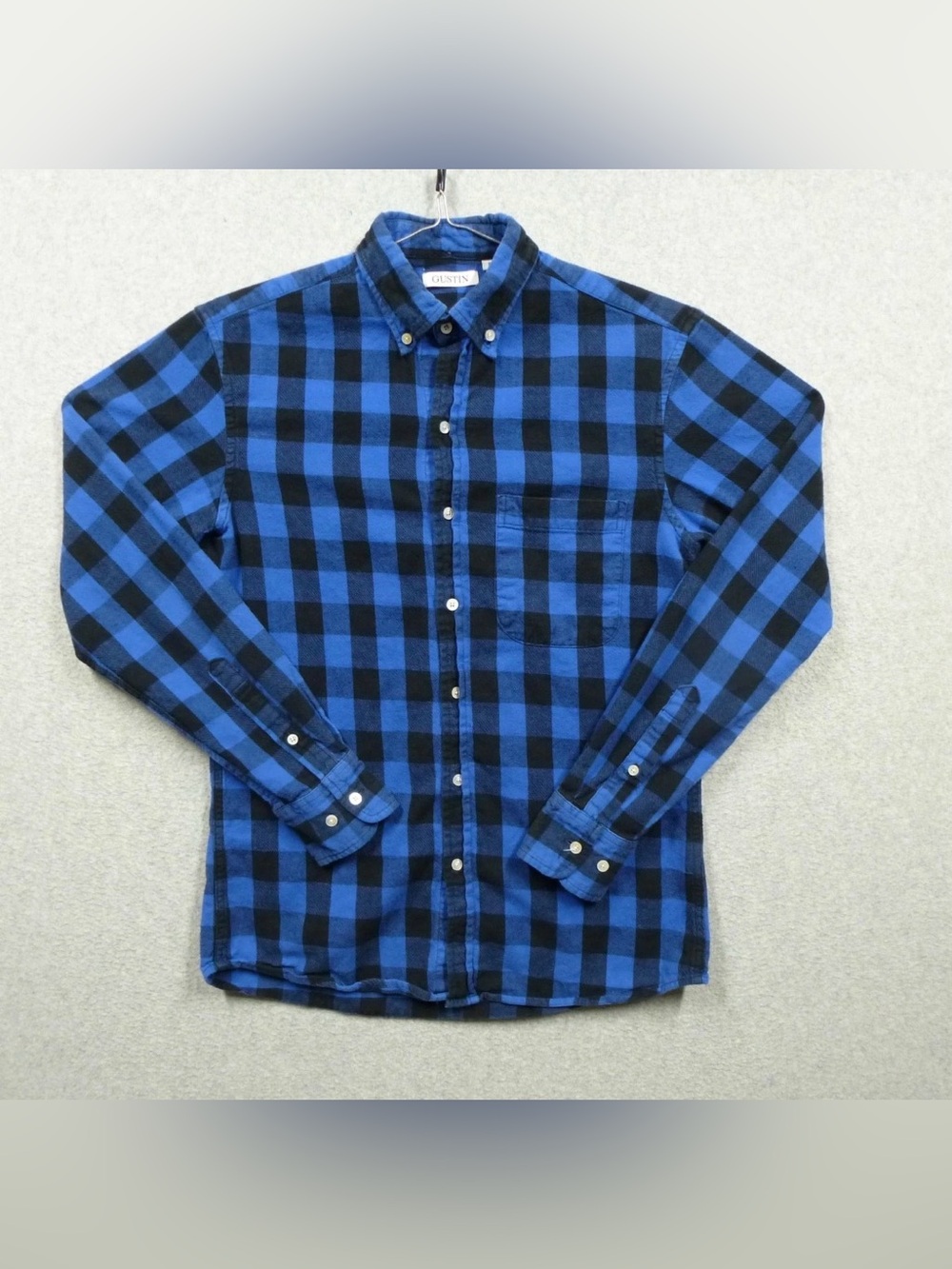 Gustin Shirt Mens Small Blue Black Buffalo Check Plaid Flannel Button Down USA